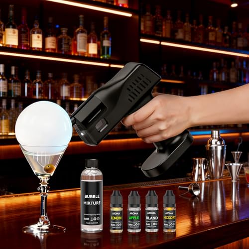 Cocktail Bubble Smoke Gun 5000mAh Rechargeable Electric Handheld Smoker Kit with 4 Flavor Aroma Oils & Edible Bubble Solution for Drinks Bar Home Party Restaurant - Gifts for Men