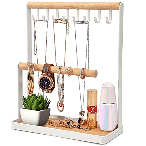 Soporte organizador de joyas,Colgador Collares,8 ganchos para guardar collares Estante de almacenamiento de anillos de madera y bandeja para pendientes que puede colgar collares de varias capas