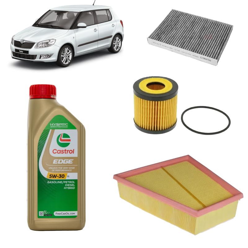 Kit di manutenzione OP per Skoda Fabia II 1.2 benzina 2006-2014: 3 filtri + 3L olio Edge 5W30 LL in acciaio inossidabile, compatibile con Auto