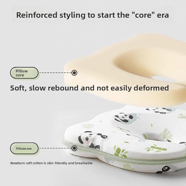 Memory Foam F¦©at h§Öad Shaping Pillow, Baby Head Shaping Pillow, Soft & Breathable Cute Bear Baby Pillow for Infant Boys Girls (Panda)