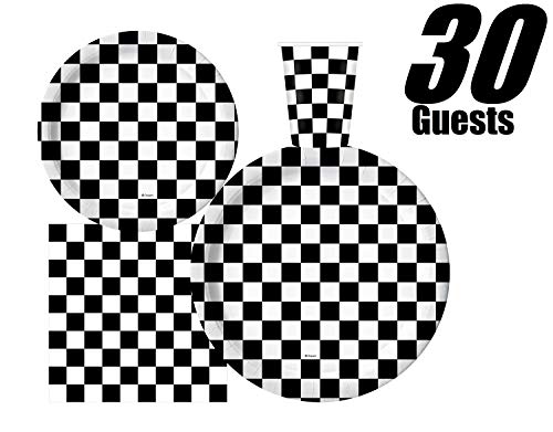 Serves 30 | Complete Party Pack | Black and White Checkered | 9"