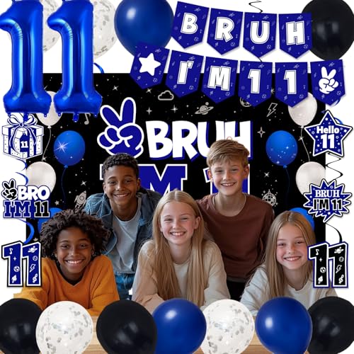 Image of 11th Birthday Decorations for Boys and Girls, Blue and Black Happy 11th Birthday Party Decorations, Bruh I'm 11 Backdrop, Foil Balloons 11, Banner, Balloons, Hanging Swirls, Birthday Card Set 41pcs