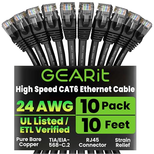 GEARit Cat 6 Ethernet Cable Pack – 10-Pack 10 ft Cat6 Ethernet Patch Cables | RJ45 Network Patch...