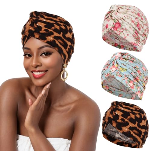 XEPST Turbantes 3 Piezas para Mujer, Sombreros Plisados de Quimioterapia, Pañuelo para la Cabeza con Estampado Floral, Gorro Turbante para la Pérdida del Cabello, Gorro para Dormir de Quimioterapia