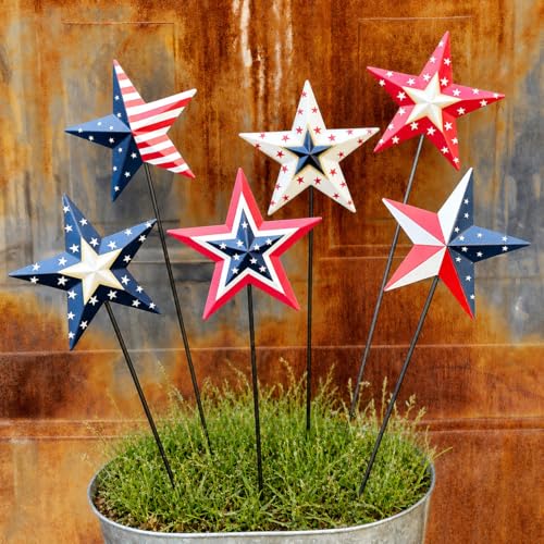WKHOMEDECO 4th of July Decorations Outdoor 19" Metal Barn Star 6-Pack, Patriotic Outdoor Decorations, Rustic Iron Decorative Garden Stakes with American Flag Stars for Yard Patio Lawn