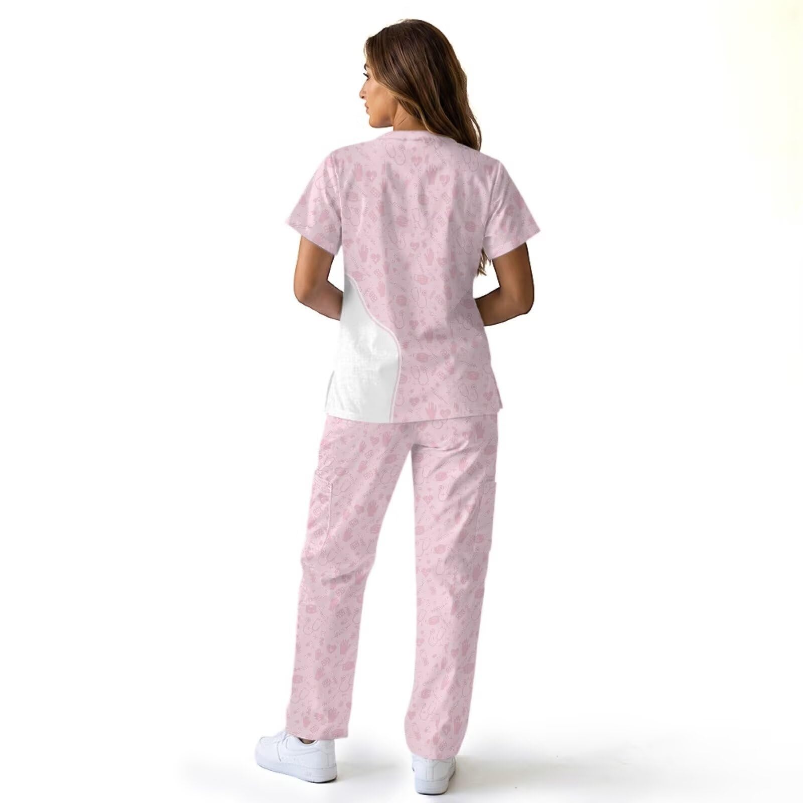 Damskie zestawy pediatryczne z nadrukiem lekarza z wysokimi spodniami, odprowadzające wilgoć, przytulne dopasowanie, medyczne peelingi dla kobiet, personel pediatryczny, różowe