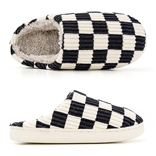 House Slippers for Women Men, Checkered Slippers, Women's Checkerboard Slippers Teen Girls Trendy Plaid Scuff Slides, Men's Fuzzy Cotton Indoor Slippers Slip on Memory Foam Bedroom Home Shoes