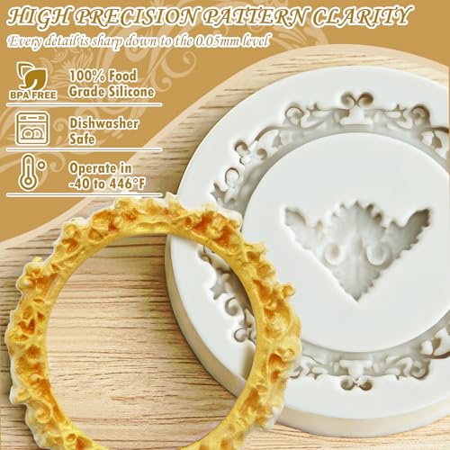 Image of HKNMTT Picture Frame Molds Silicone Baroque Vintage for Fondant Candy Clay Covered Oreo Cake Photo Decorating Cupcake Toppers, 4 Shaped Round Square Frame Moulds Craft DIY Supplies Set