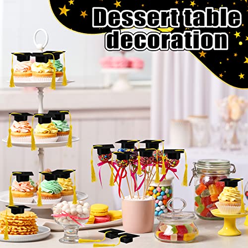 Qunclay 60 Pieces Mini Graduation Cap Hats Plastic Grad Cake Supplies Cover Toppers for Graduation Party Decorations (Black, Gold) by Qunclay - Used condition - Image 5