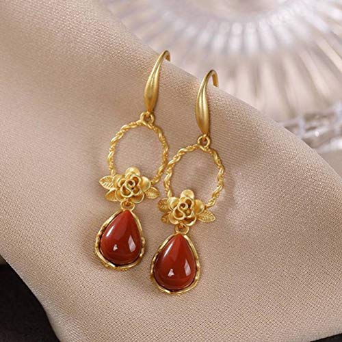 Pendientes de ágata roja estilo chino con peonía retro bañada en oro 3