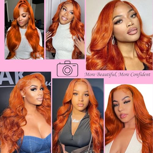 Image of Dark Ginger 13x4 Lace Front Wigs Human Hair Glueless Ginger Orange Colored Body Wave Lace Front Wigs with Baby Hair Pre Plucked 180 Density HD Transparent Lace Frontal Wigs for Women 18 Inch