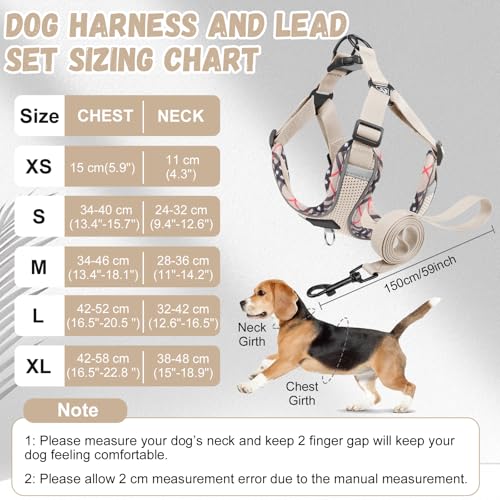 Dog Harness and Lead Set for Small and Medium Dogs, Reflective No Pull Dog Harness with Comfort Padding, Breathable Adjustable Puppy Vest Harness for Pet Walking, Hiking, Training (Beige, S)
