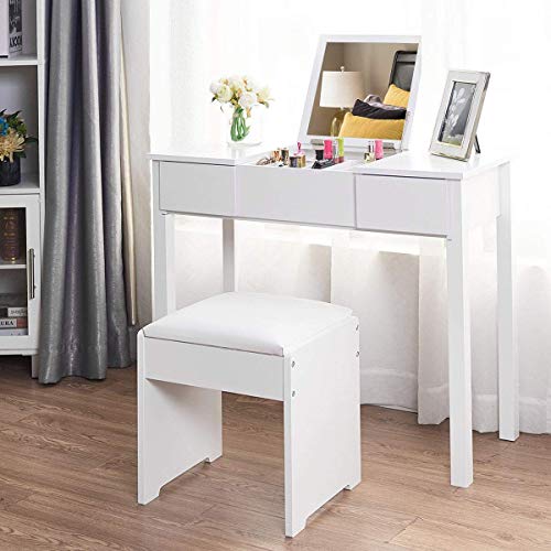 Vanity Table with Flip Top Mirror, Solid Wood Makeup Dressing Table , Writing Desk with Cushioned Stool Set, 2 Drawers for Different Sized Makeup Accessories, Bedroom Bathroom Organizers (White)