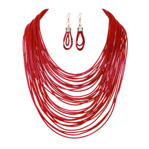 COLORFUL BLING African Multicolor Layered Chunky Bib Necklace for Women Tassel Wax Line Choker with Earrings Statement Jewelry Set