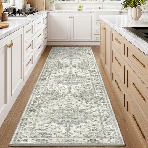 HUGEAR Vintage Grün Waschbarer Läufer Teppich Flur 60x240cm Bettvorleger Küchen Wohnzimmer Schlafzimmer Teppiche rutschfest Kurzflor Weich Flurläufer Teppichläufer Vintage Grün 60 x 240 cm (