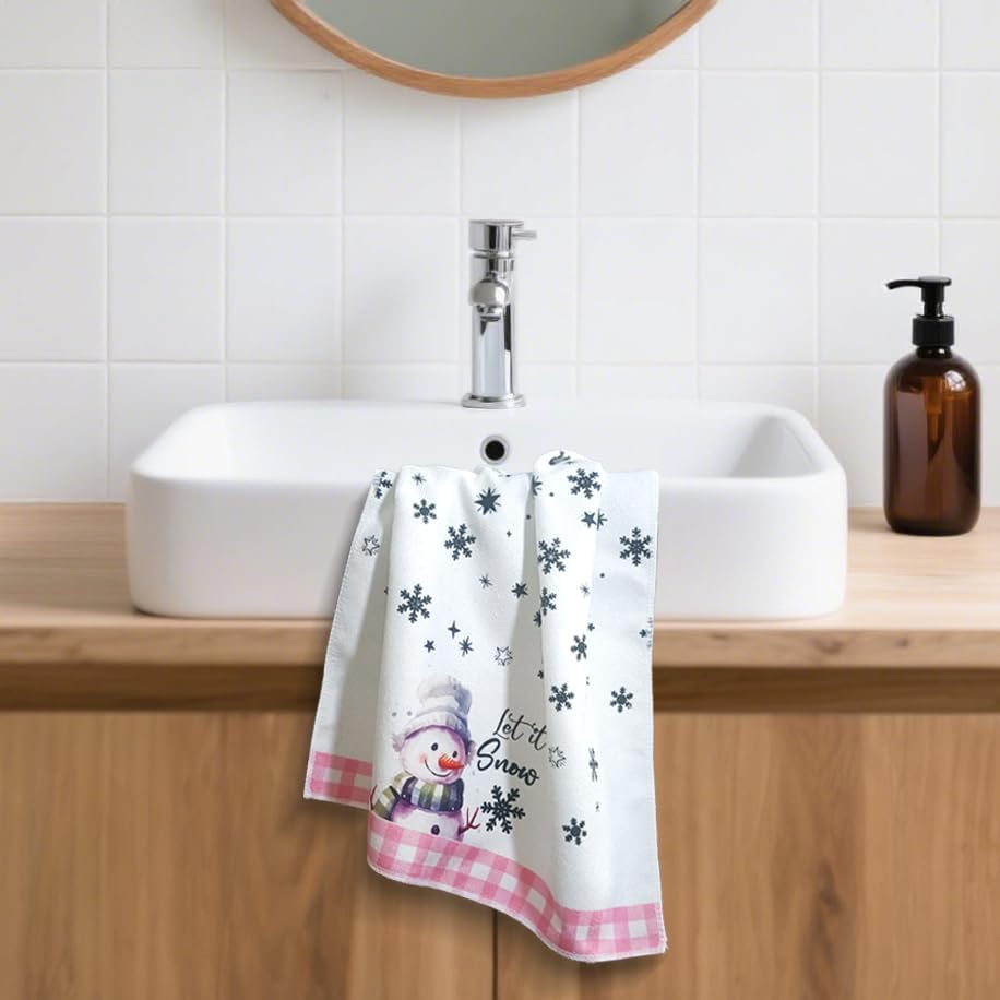 Merry Christmas Kitchen Towels Set of 2,Funny Snowman Dish Towels Holiday Home Indoor Bathroom Party Seasonal Decorations,Cute Pink Buffalo Plaid Farmhouse Decor,Winter Hand Towels - Image 4