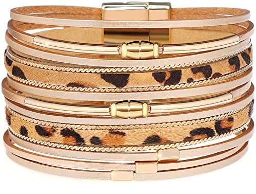 Gleamart Multi-Layer Leather Bracelet Beads Wrap Cuff Bangle for Women