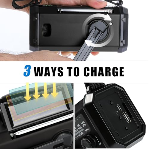 Image of 10000mAh Emergency Crank Radio,NOAA /AM /FM Weather Radio, Type-C Charge,Solar Charging,SOS, 3 Modes LED Torch, Reading Lamp, Compass for Outdoor Survival(Black)
