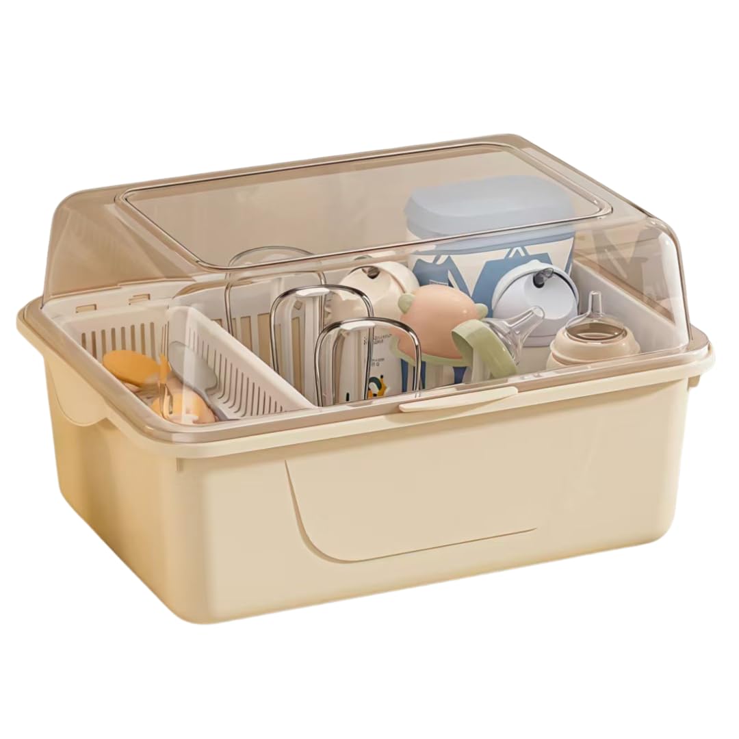 I'm so happy 哺乳瓶ラック 蓋付き 保管ケース 持ち運び 収納 旅行 スタンド 乾燥 消毒 大容量 ほこり防止（スタンド付き/クリーム）