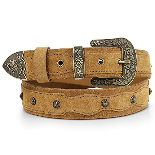 RAW HYD Leather Western Belts for Men - Classic Cowboy Belts for Men w/Embossed Buckle - Adjustable Men’s Western Belt.