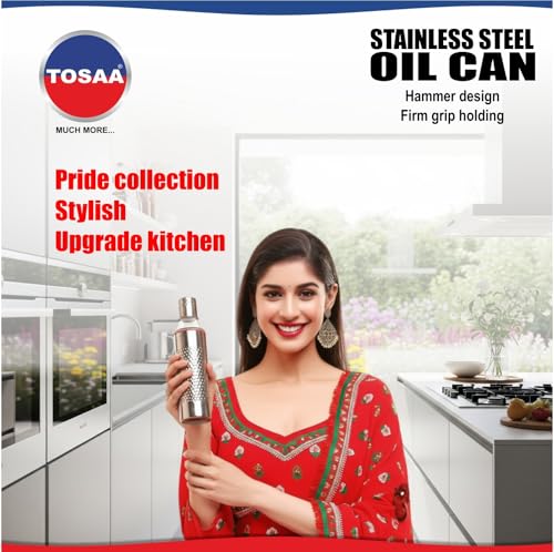 Image of Tosaa Stainless Steel Mathar Oil Can Bottle| With Nozzle, Dropper & Steel Cap | Cooking Oil Container for Kitchen | Leak Proof Oil Pourer & Pot with Handle |1100ml