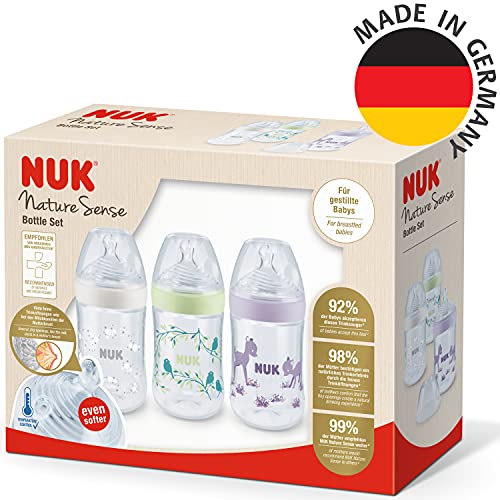 Foto von NUK Nature Sense Babyflaschenset | 0–36 Monate | 3 Flaschen mit Temperature Control Anzeige | 260 ml | Gibt gestillten Babys ein natürliches Trinkgefühl | Anti-Kolik-Ventil | BPA-frei | Rosa | 3 Stück