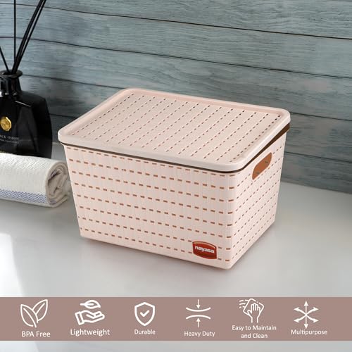 Image of Nayasa Gloria Plastic Basket for Storage | Vegetable & Fruit Basket | Multipurpose Storage Box and Organiser Basket with Lid | Big - Set of 3 | Peach
