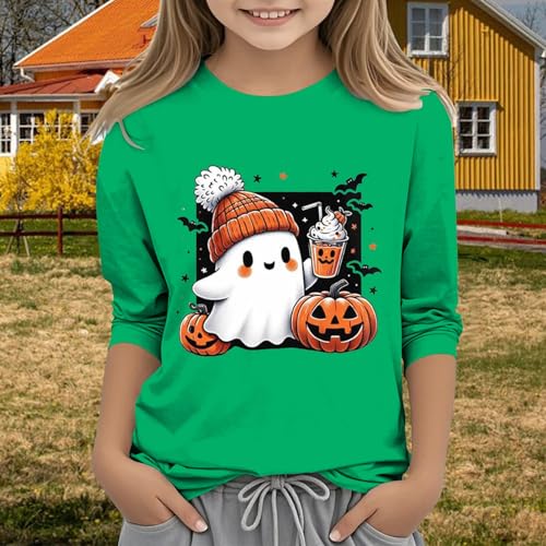 2025 Halloween Shirts for Teen Girls Cute Ghost Pumpkin Graphic Tee Kids 3/4 Sleeve Crewneck Top Casual Cotton Summer Clothes2