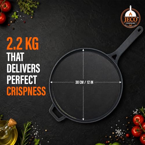 Image of Cast Iron Dosa Tawa with Long Handle | Pre-Seasoned Non-Stick Iron Tawa for Dosa /Chilla /Roti | Heavy Duty Non-Toxic Cookware | Gas Stove & Induction Compatible | Black, 30cm, 2kg