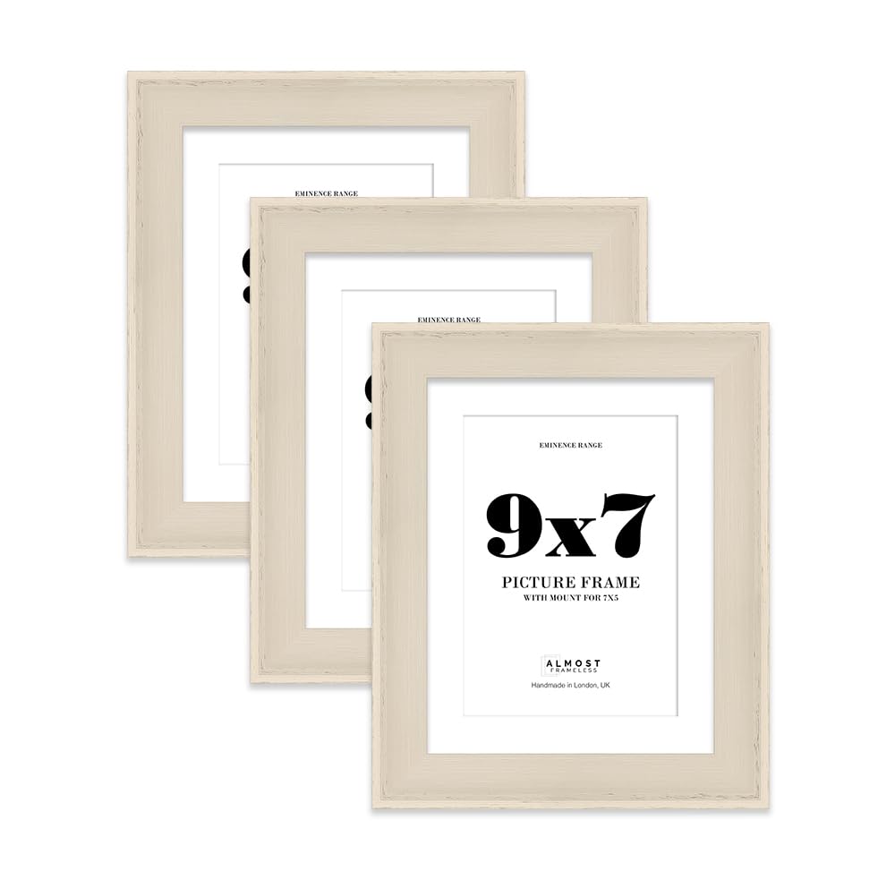 9x7" Cream Picture Frame with 7x5" Mount - Shabby Chic Photo Frame with Distressed Finish, Wall Hooks and Kickstand, 32mm Edge - 3 Pack