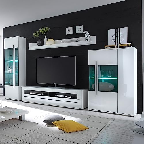 Lomadox Moderne Wohnwand in weiß Hochglanz inkl. LED mit Glaseinsätzen aus Grauglas BxHxT: 360x200x42cm – Bild 3