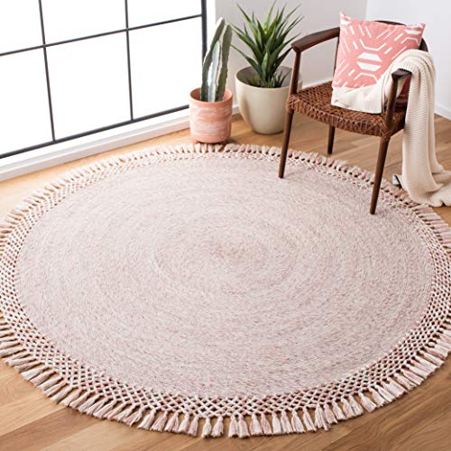 SAFAVIEH Sahara Collection Area Rug - 8' Round, Pink, Handmade Boho Tassel, Ideal for High Traffic Areas in Living Room, Bedroom (SAH490U)
