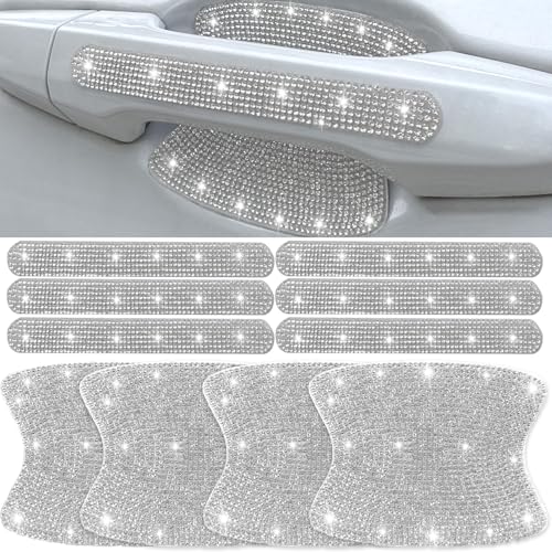 10 pcs Bling Diamond Car Door Handle Stickers, Bling Car Accessories for Women, Universal Rhinestone Crystal Glitter Door Handle Protector Stickers and Decals, Scratch Safety Reflective (Silver)