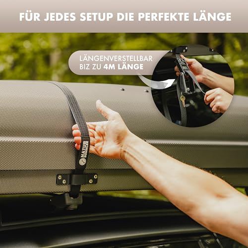 Naturbummler Abschließbarer Spanngurt [4 m] – sicherer Zurrgurt mit eingearbeitetem Stahlseil, Schloss & Schlüssel – Robustes Befestigungsband für Dachbox, Dachzelt, Motorrad & Fahrrad (Schwarz)