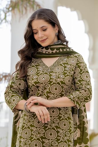 Image of Rangnavi Women's Pure Cotton Printed Straight Kurta with Pants and Dupatta Set | Ethnic Set | Suit Set | Kurta Set