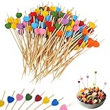 100 pinchos de madera para cócteles, forma de corazón, 12 cm, decoración de cóctel, palillos de madera para decoración de fiestas, frutas y pasteles (multicolor)