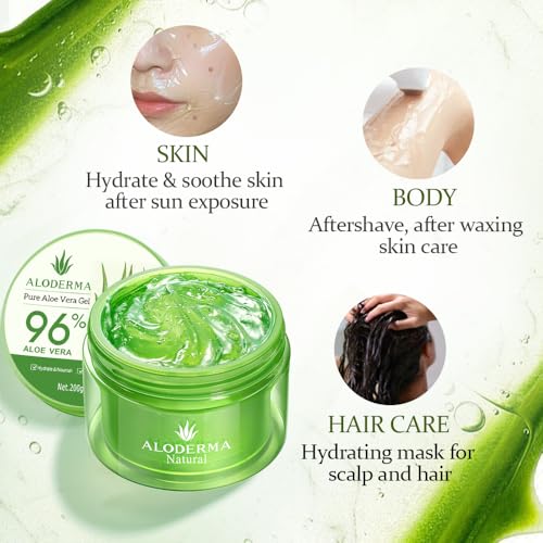 Aloderma Organic Aloe Vera Gel for Face & Body, Made within 12 Hours of Harvest, 96% Pure Aloe Vera Gel for Skin, Scalp, & Hair, Soothing Aloe Face Moisturizer, Hydrating Aloe Gel, 7oz SeEs