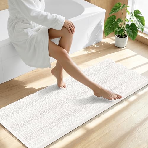 Image of Smiry Thick Chenille Bathroom Runner Rugs 47x17, Extra Absorbent Striped Bath Mat, Machine Washable, Rubber Backing, Long Bath Rugs for Tub & Shower, Modern Home Decor Accessories, Ivory