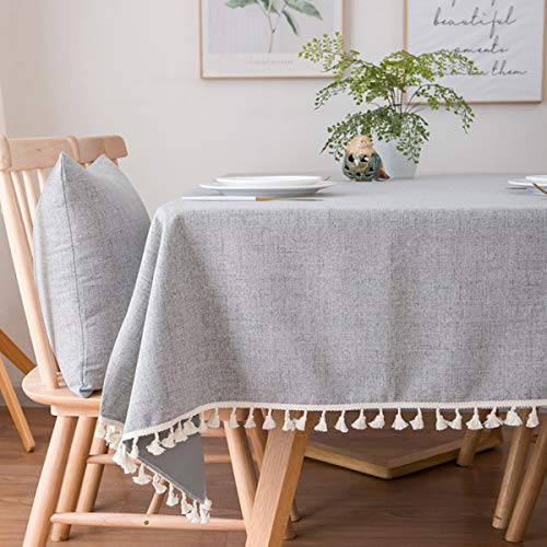 Sandweek Washable Tablecloth Solid Color Tassel Cotton Linen Fabric Table Cloth Dust-Proof Table Cover for Kitchen Dinning Buffet Tabletop Decoration ( Rectangle/Oblong 55 x 70 Inch, Gray)