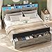Hasuit Queen Size Bed Frame with Storage Ottoman, Farmhouse Bed Frame with Charging Station and Led Light, Headboard with Storage Rack, Metal Slats, No Noise Design, No Box Spring Needed,Oak Grey