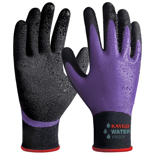 KAYGO guantes de trabajo impermeables para hombres y mujeres, recubrimiento de látex doble, súper agarre antideslizante, para jardinería, lavado de coches, pesca (Morado, S, talla 7, 1 par)