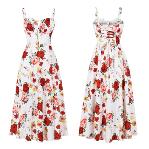 Image of Women Floral Corset Dress 2026 Boho Midi Sundress Summer Dress | Flowy A-Line Dress with Adjustable Spaghetti Straps Lace Up Back Front Slit High Waist for Vacation Wedding Guest