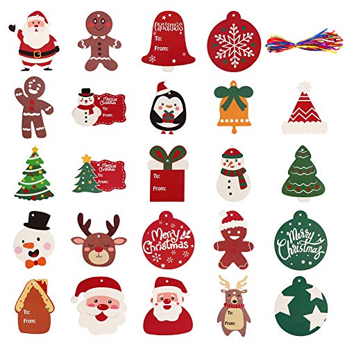 CCINEE 120PCS Christmas Tags Xmas Paper Tags with Ribbon Santa Claus Tree Label for Package Wrapping DIY Crafts