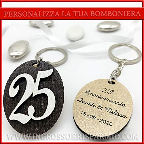 Schlüsselanhänger mit ovalem Anhänger aus Holz und Applikation Nr. 25, personalisierbare Gastgeschenke für Jahrestage, Silberhochzeit (mit Personalisierung, mit grüner Verpackung)