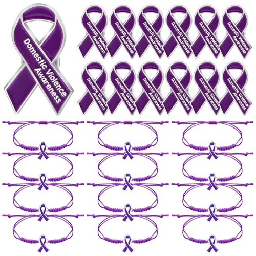 24pcs Domestic Violence Awareness Ribbon Pin&Bracelet Purple Ribbon Lapel Pin&Adjustable Bracelet Inspirational Domestic Violence Awareness Brooch Anti Violence Campaign Charity Supplies