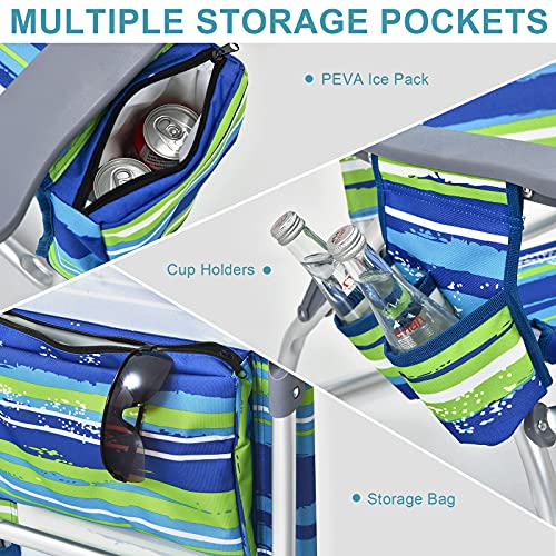 Safstar Folding Beach Chair Set, 2 Pack Folding Chair And Aluminum Small Table, 5-Position Adjustable Camping Chairs With Ice Bag, Comfort Pillow, 3 Pcs Backpack Recline Beach Chairs (Blue+Green) #TOP6