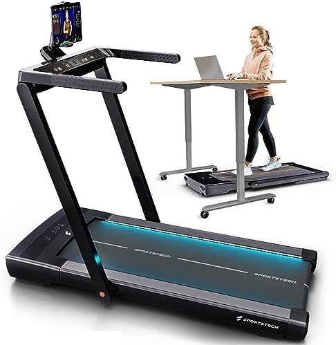 Sportstech sTread Fold Treadmill 2 in 1 + Walking Pad with Heart Rate Monitoring LED Lights, Portable Walking Pad, Live Workout Videos, Tablet Holder, Bluetooth, Home & Office Compact Folding