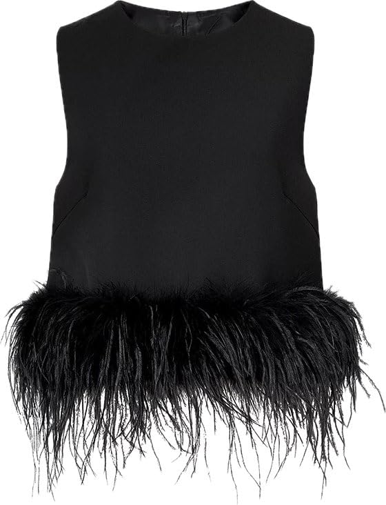 Youlander Fur GR-176 Womans Shiny Sequin Tank Tops with Real Ostrich Feather Hem Tops Sexy Mini Shirt See Through Mesh (US Alpha Medium Regular Regular Black)