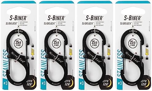 Nite Ize S-Biner Slidelock Stainless Steel - Double-Gated Design - Carabiner Clip with Locking Gates - Dual Carabiner Holder for Keys, Water Bottles & Gear - Size 3, Black, 4 Count (4 Pack)