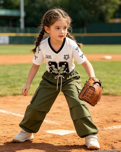 Image of Betusline Girls 2 Piece Summer Outfits,Kids Casual Short Sleeve Crop Top & Cargo Jogger Pants Sets,4T-14Y